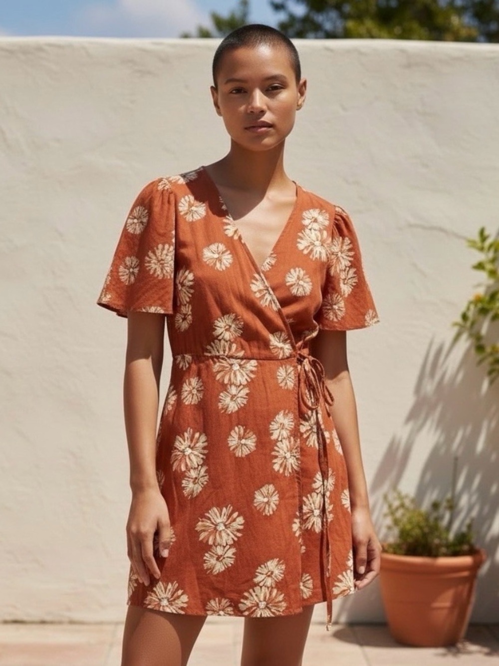 Madewell Burnt Orange Floral V-neck Wrap Dress Size XL